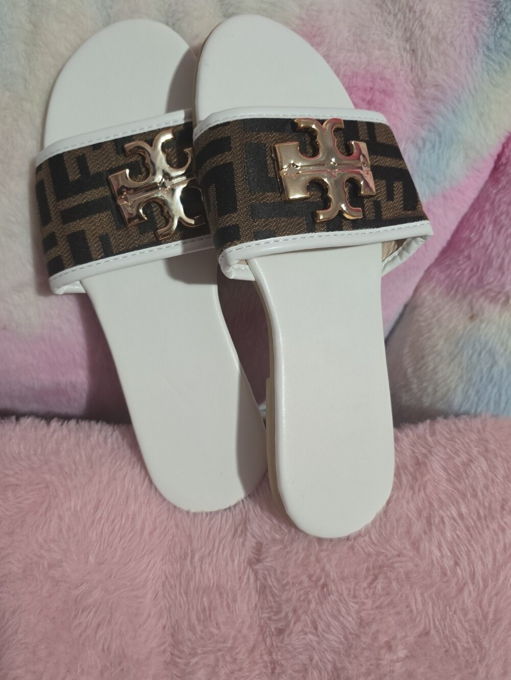 White Slide Sandals with Brown Monogram Strap and Gold Accent